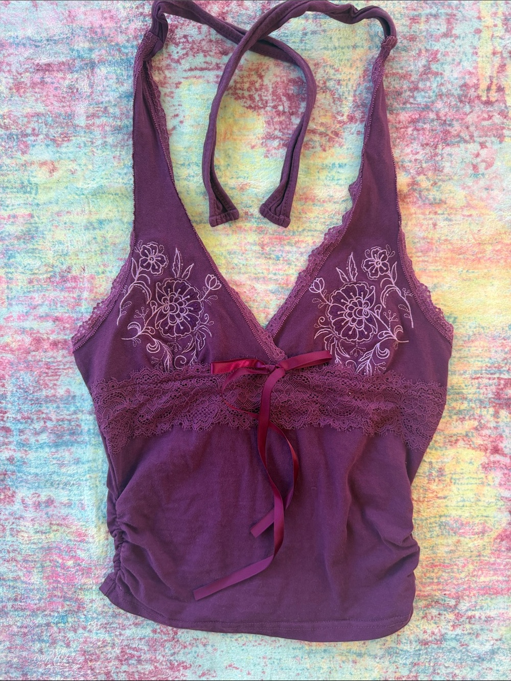 💜ROMWE Plum Lace Halter Chemise with Floral Embroidery